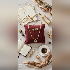 Gold Tone Emerald Green Necklace and Earrings Set